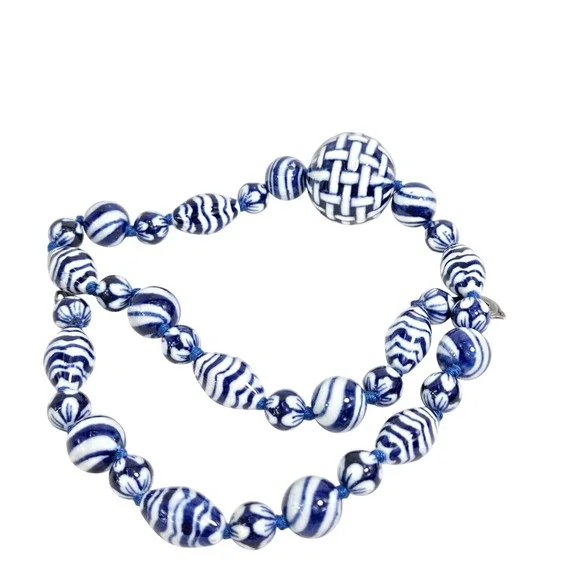 Blue Ceramic Porcelain Basket Weave Bead Necklace Earrings Set Coco 925 - Picture 5 of 9